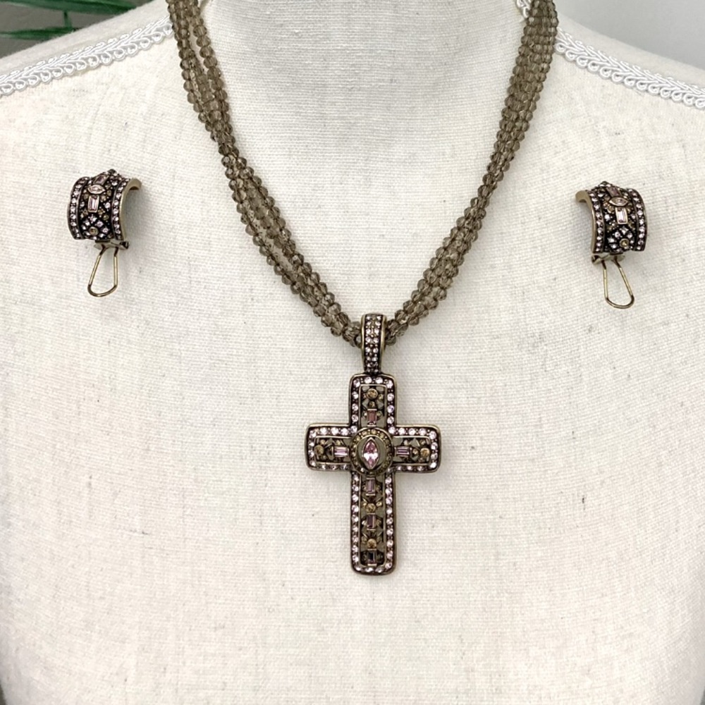VTG Rare Heidi Daus Signed Triple Stand Beaded Necklace,Cross Pendant & Earrings
